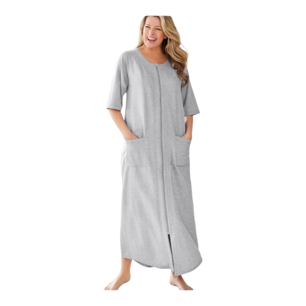 Dreams Co. Womens Gray French Terry Full Zip Short Sleeve Robe 4x Petite